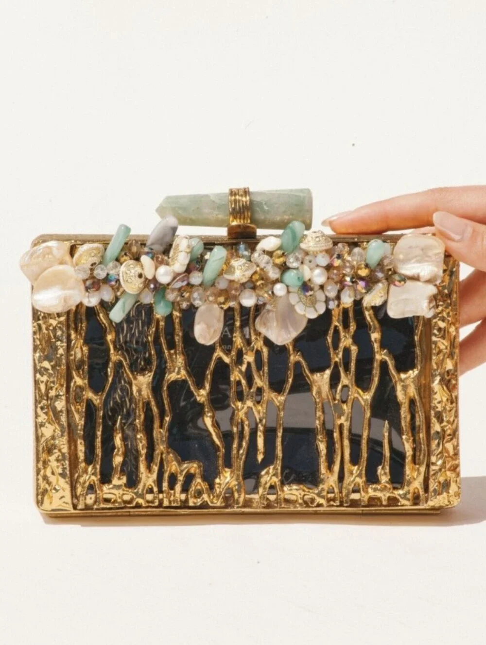 NWT RAMLA Zeina Handmade Brass and Natural Stone Clutch
